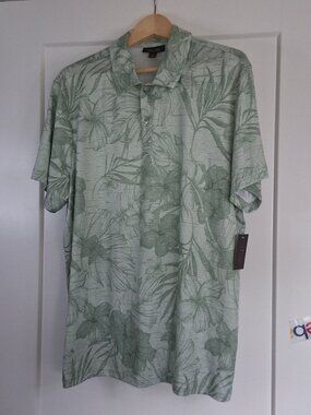 Tasso Elba Island Men's Large Tropical Floral Polo Shirt Sage Green NWT